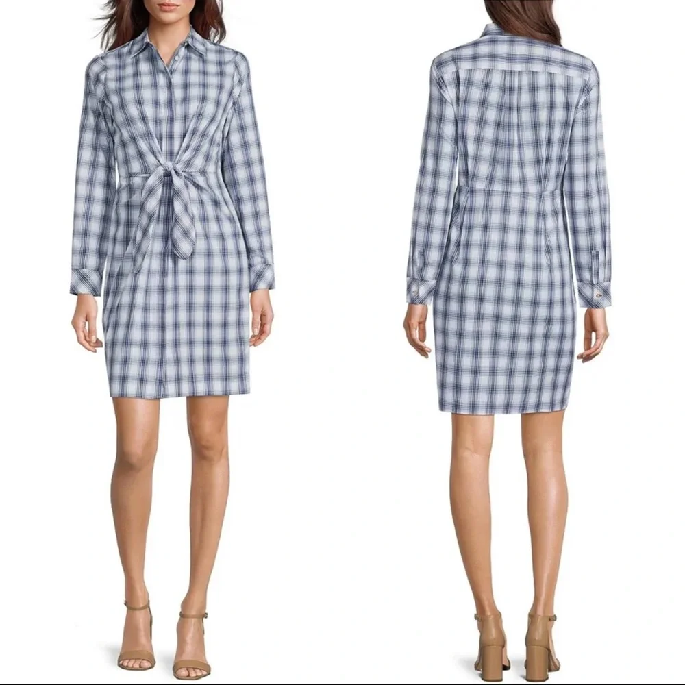 NWT Calvin Klein Tie Waist Plaid Collar Long Cuff Sleeve Button Front Dress - Picture 1 of 3